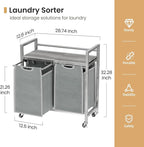 Laundry Hamper, Laundry Basket, Laundry Sorter with 3 Removable Bags, Clothes Basket with 3 Compartments, Wheels, Shelf for Laundry Room Bathroom Bedroom (2 Bags-Gray)