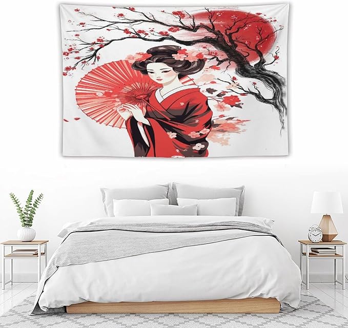 Japanese Red Geisha Tapestry Asian Cherry Blossom Traditional Kimono Folk Tapestries Home Decor for Living Room Bedroom Apartment Farmhouse Dorm 90"x60"
