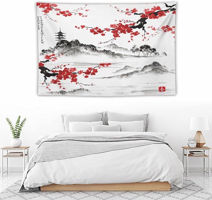 Cherry Blossoms Tapestry, Japanese Fuji Mountain Tapestry, Asian Japanese Wall Tapestry, Nature Landscape Tapestries for Bedroom Living Room Decor 60"x40"