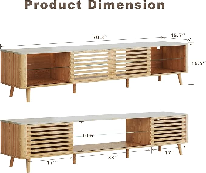 70" Mid Century Modern TV Stand for 55/65/75 Inch TV, Faux Marble Top Entertainment Center with Slatied Sliding Door & LED Lights, Low TV Console with Glass Shelves for Bedroom, Living Room