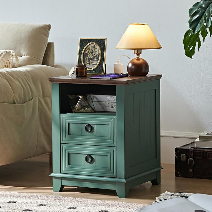 18" Farmhouse Night Stand with Charging Station, 2 Drawers Bedside End Table, Green Wooden Nightstand, Bed Side Table Cabinet with Open Shelf for Bedroom Living Room Office