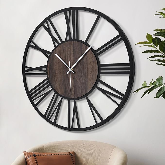 LEIKE 30" Oversized Large Wall Clocks,Silent,Non Ticking,Battery Operated Modern Round Big Wood Decorative Metal Wall Clock for Living Room, Bedroom,Kitchen,Farmhouse,Office Decor - Black,30 Inch