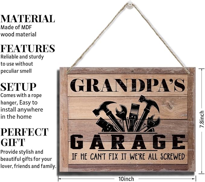 BQL Rustic Wood Sign, Father's Day Gift, Grandpa's Gift, Decor Hanging Wood Sign, 8X10inch, Printed Wood Wall Art Sign, Grandpa's Garage, If He Can't Fix It We're All Screwed