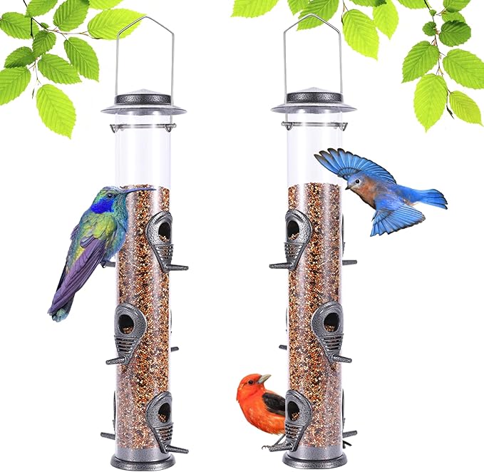 MIXXIDEA 2PK Metal Wild Bird Feeder Squirrel Proof Bird Feeders for Outside Hanging 6 Port Tube Bird Feeder Transparent Finch Feeder with Steel Hanger (Grey)