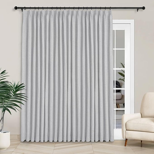 Macochico Extra Wide 100% Blackout Linen Curtains for Sliding Door Pleated Curtains with Hooks Insulated Soft Linen Drapes for Bedroom Living Room with Tieback Silver Grey 100”Wx84”L 1 Panel