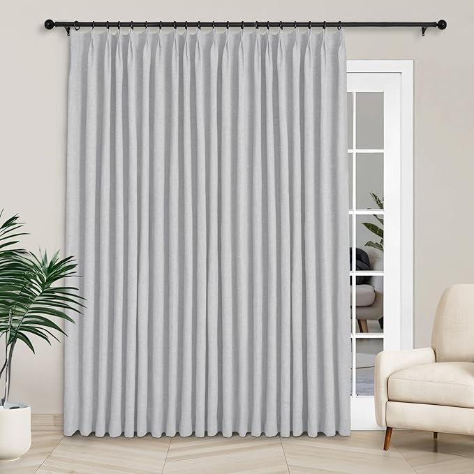 Macochico Extra Wide Full Blackout Linen Curtains for Sliding Door Silver Grey Pinch Pleated Linen Curtains 96 Inches Long for Bedroom Living Room Farmhouse with Tieback 120”Wx96”L 1 Panel