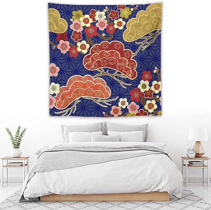 HZOHNAGO Japanese Tapestry Art Abstract Colorful Cherry Blossom Blue Background Pattern Printed Wall Tapestry Painting Wall Hanging for Bedroom Living Room Dorm 60" W x 60" H