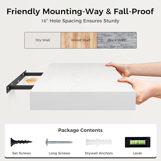 Fun Memories 12 Inch Floating Shelf, Rustic Wood Wall Shelves for Wall Decor & Storage, 12 x 12 Floating Shelf for Living Room, Bathroom, Bedroom, White, Set of 2