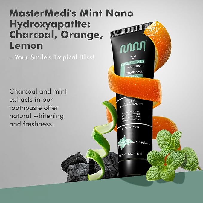 MasterMedi Charcoal Toothpaste with Nano Hydroxyapatite – Fluoride Free, SLS Free, Sensitive Whitening, Enamel Support, Spearmint Flavor, Dentist Recommended, 4 oz (Pack of 3)