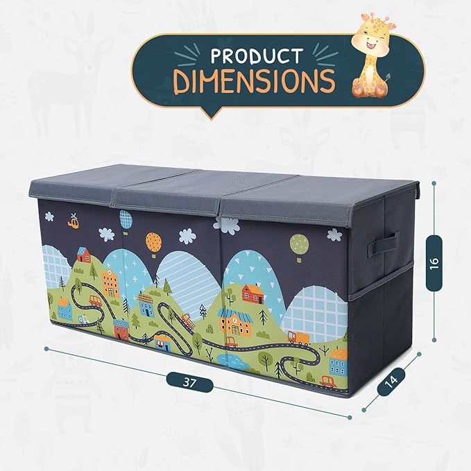 Extra Large Toy Storage Organizer with Lid - Sturdy, Collapsible Toy Chest Storage Box with Cute Design - Toys Bin with Dividers for Kids, Boys, Girls, Nursery, Bedroom, Play room 37"x16"x14"