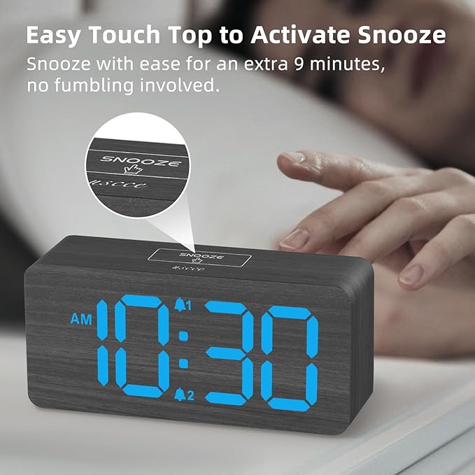 uscce Wooden Digital Alarm Clocks for Bedrooms: Dimmable Dual Alarm Clock with Large Numbers for Bedside Desk - Loud Alarm for Heavy Sleepers with Volume Control - Wood Decor & Gifts