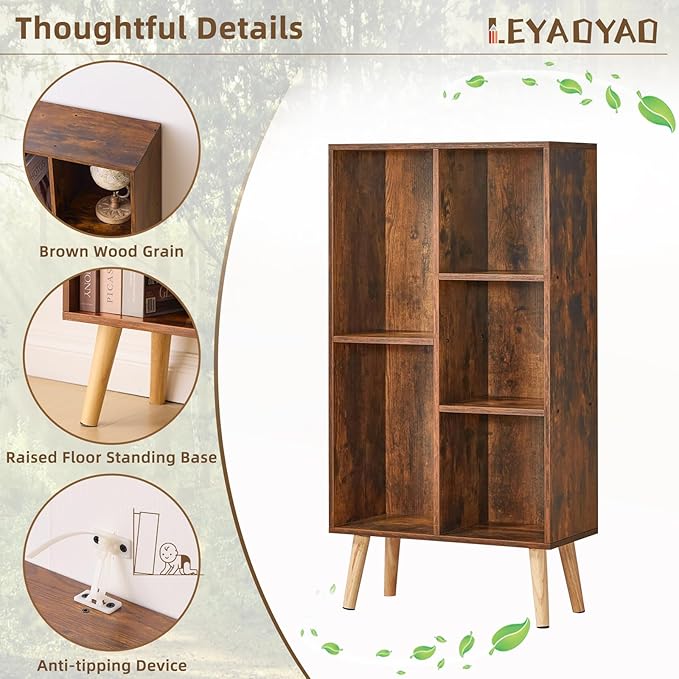 LEYAOYAO 5 Cube Small Bookshelf - 3 Tier Mid-Century