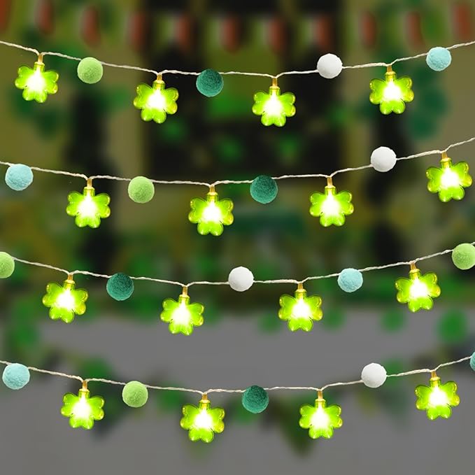 9.85Ft St Patricks Day Lights Garland 20 Pompoms 20 LEDs Green Lucky Clover Lights Shamrock String Lights with Timer for Indoor Bedroom Party Bar Garden St. Patrick's Day Decoration Green Irish Decor