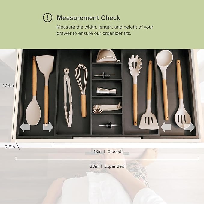 Adjustable Kitchen Drawer Organizer for Utensils and Junk, Food-Safe Contract Grade with 100% Sustainable Wood, Expandable from 19 to 33 Inches Wide - Black Bamboo