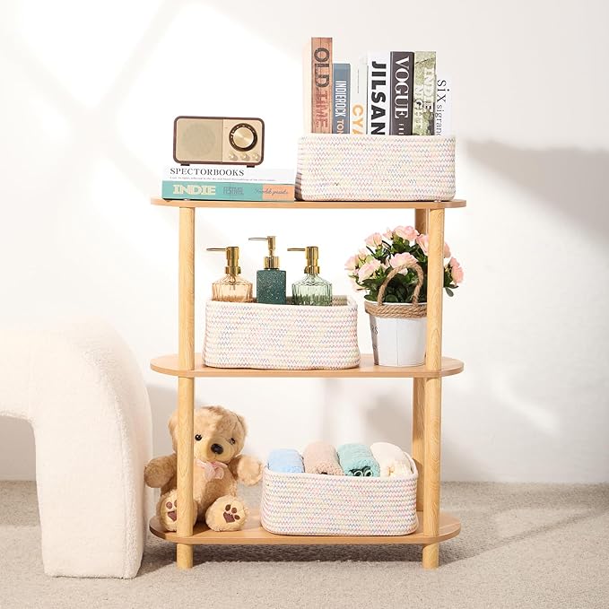 Small Storage Baskets for Organizing | Closet Organizer Bins | Shelf Toy Basket | Woven Rope Baskets | Cube Decorative Box | Shallow Basket | 11.5x7.5x4.7” | 3 Packs Rainbow