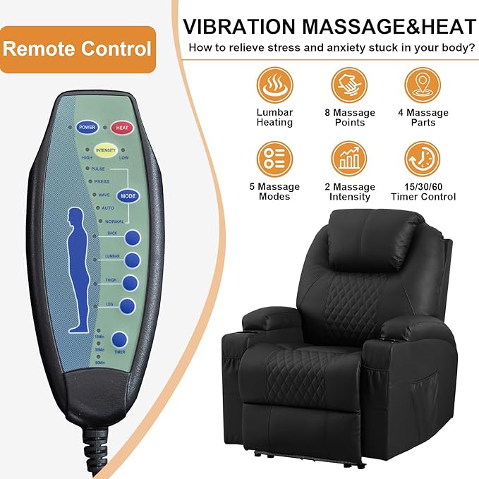 AHMED Power Recliner Chair with Vibration Massage & Heat for Adults, Faux Leather Home Theater Seating with Cup Holders/LED Lights/USB Ports/Side Pockets for Living Room, Black