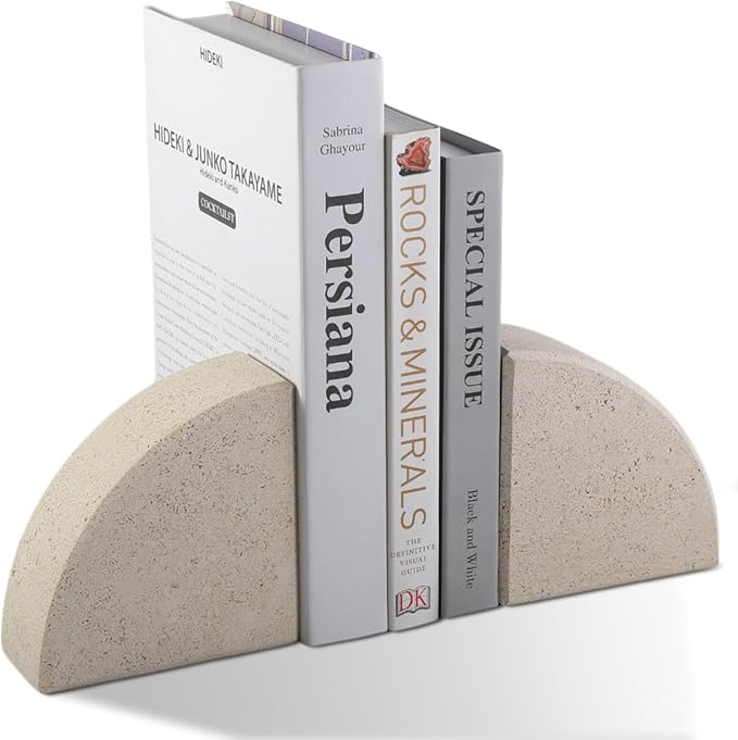 Marble Bookend for Shelves, Non-Skid Bookends for Heavy Books, Heavy Duty Book Stopper for CDs, Luxury Book Shelf Holder, Quarter Circle Design Book Ends Decorative, Moleanos Beige, Set of 2
