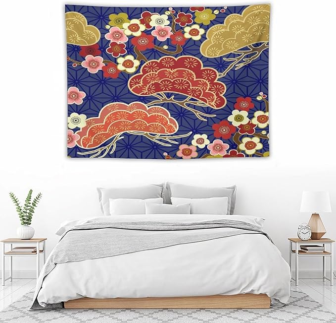HZOHNAGO Japanese Tapestry Art Abstract Colorful Cherry Blossom Blue Background Pattern Printed Wall Tapestry Painting Wall Hanging for Bedroom Living Room Dorm 40" W x 30" H