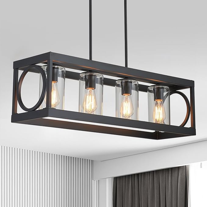 XINGQI Black Kitchen Island Light Fixtures Over Table, 31.5" Rectangular Linear Chandeliers Farmhouse Dining Room Pendant Ceiling 4-Light with Glass Lampshade for Living Room Bar Office