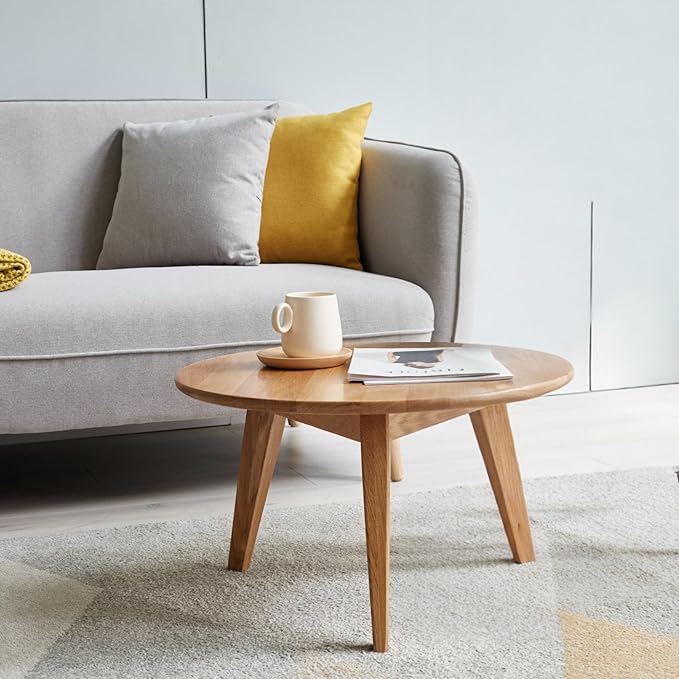 100% Solid Oak Wood Mini Coffee Table, Round Living Room Table Side Table w/Solid Wood Legs, Walnut Mid Century Sturdy Tables for Bedroom Balcony Living Room (23.62" D x 13.78" H)