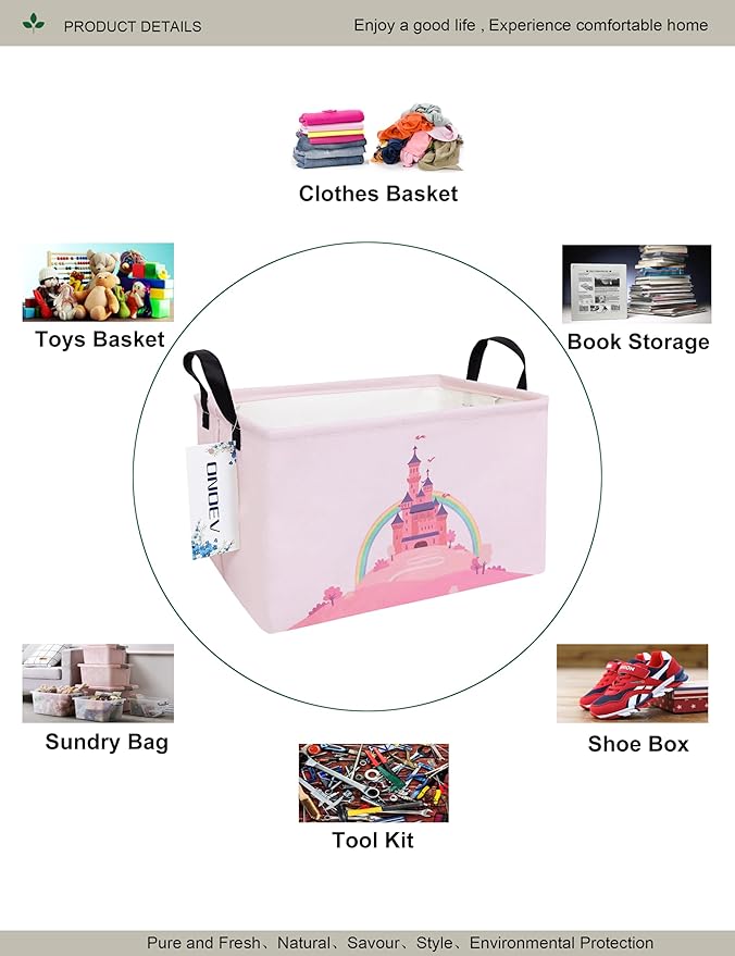 Rectangular Folding Laundry Basket,waterproof Canvas Basket,gift basket,Suitable for children's room,Office,Clothes,Toys Storage(Pink Castle)