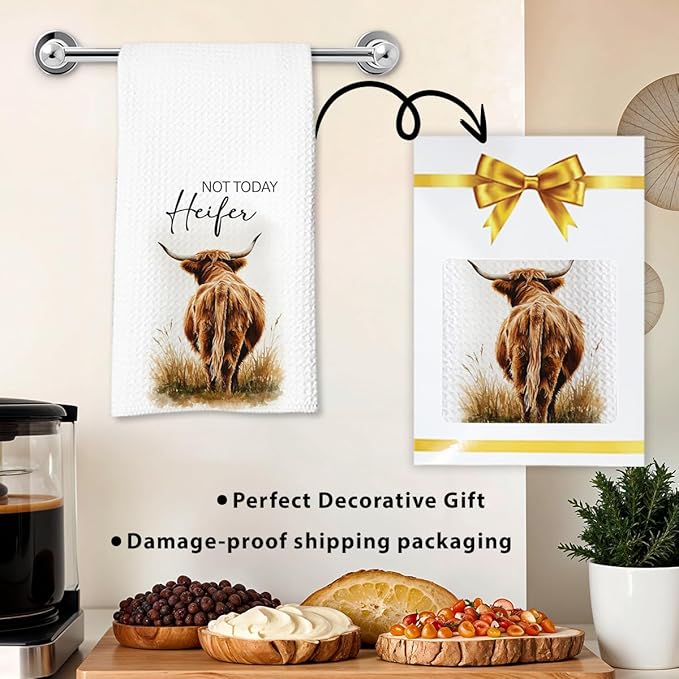 Not Today Heifer Highland Cow Hand Towels for Farmhouse Kitchen Bathroom Decor | Funny Waffle Weave Microfiber Dish Towel Western Gift