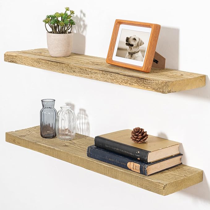 Fun Memories Floating Shelves for Wall Decor, 30"x8" Rustic Reclaimed Wood Shelves, Heavy-Duty Wall Mounted Shelves with Invisible Brackets, Set of 2for Living Room, Bedroom, Kitchen, Natural Finish
