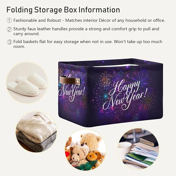 Storage Basket Happy New Year Cube Storage Bins Organizer Bag Collapsible Closet Shelf Baskets with handle for Baby Cloth Pet Toy Book 14.2×10.2×8.3 IN