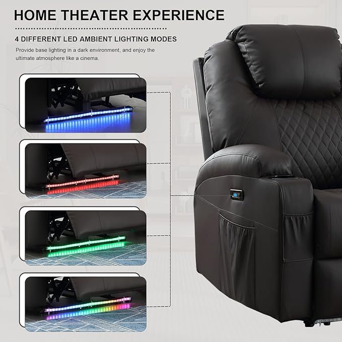 Power Recliner Chair with Heat and Massage, PU Leather Home Theater Seating with LED Lights/Cup Holders/Side Pocket/USB Port, Reclining Sofa Chair for Living Room (1, Brown)