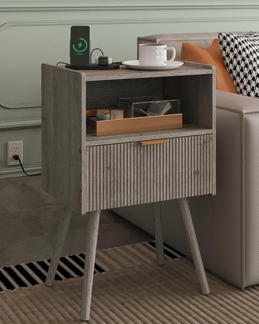 Nightstand,Modern Bedside Table with Storage Drawer and Open Wood Shelf, Accent Night Stand with Solid Wood Legs for Living Room, Bedroom and Small Spaces,Easy Assembly (Grey Oak-Outlet)