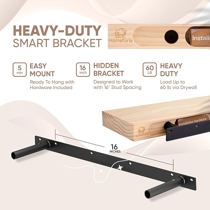 Homeforia 36 inch Wood Floating Shelves, High End Solid Natural Wood 36inch Large Floating Shelf Bathroom, Unfinished Wooden Floating Shelves for Wall, Heavy Duty Bracket, 36 X 6.5 X 1.75 in, Set of 2