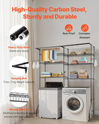 VEVOR Over The Washer and Dryer Storage Shelf, 6 Tier Laundry Room Drying Rack with Hanger Rod and Hooks, Adjustable Over Washer and Dryer Shelves, Laundry Room Shelf Storage Space Saver, Black