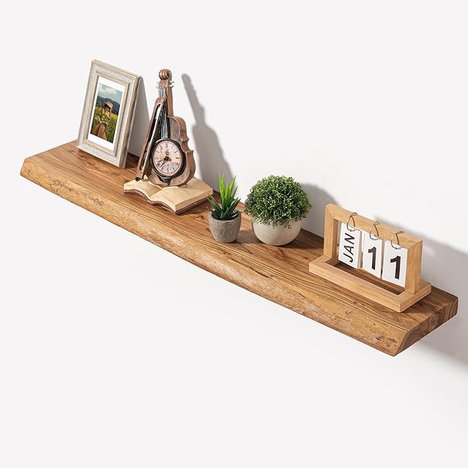 Axeman 40 inch Floating Shelves for Wall - 8'' D Live Edge Rustic Solid Elm Wood Floating Shelves Wall Mounted, Wall Shelves with Invisible Bracket for Living Room Bedroom Kitchen, 1 Pc Natural
