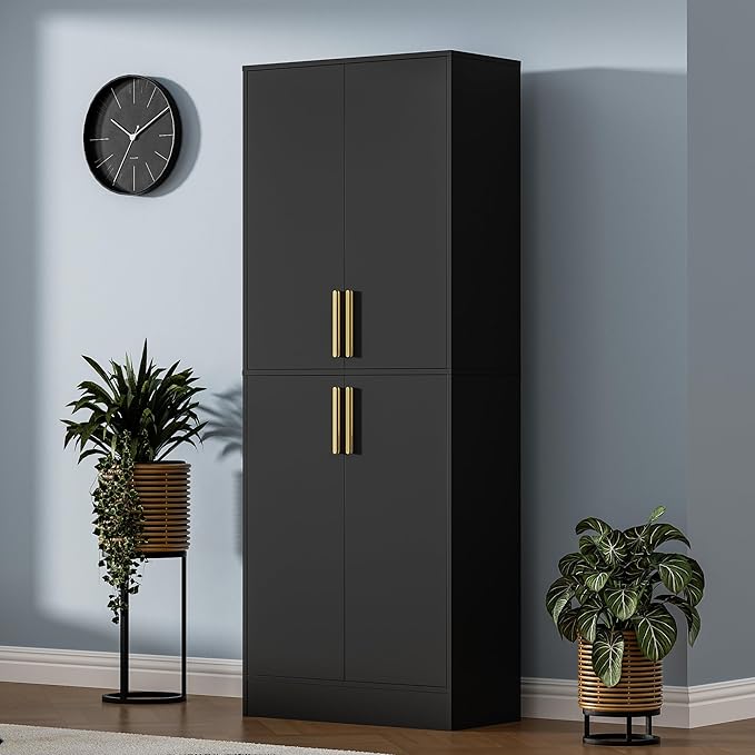 71" Tall Pantry Cabinet, 4 Doors Kitchen Pantry Storage Cabinet, Freestanding Larder Cupboard, Kitchen Hutch with Gold Handles for Dining Room, Bathroom, Black