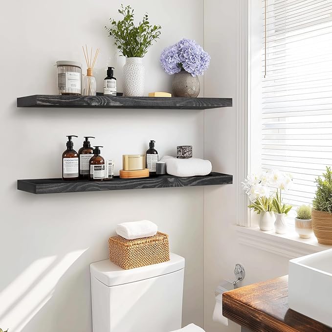 36"x6.8"x1.2" Solid Wood Floating Shelves 2-Pack - Rustic Black Finish with Hidden Brackets, Perfect for Storage and Décor in Living Room, Kitchen, Bedroom