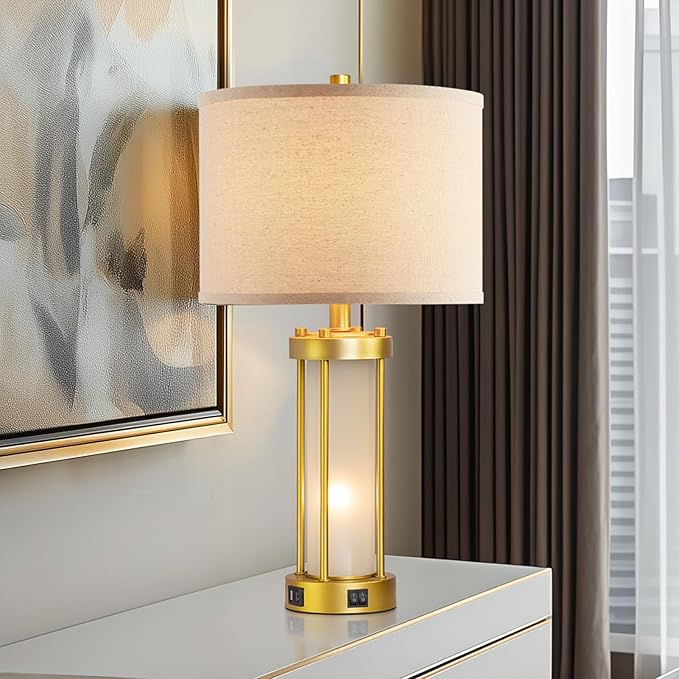 RORIA Modern Table Lamps for Living Room Set of 2, Farmhouse Bedroom Lamps for Nightstands with Dual USB Ports, Gold Bedside Lamps with White Frosted Glass Nightlight, 4 Bulbs Includes (Gold)