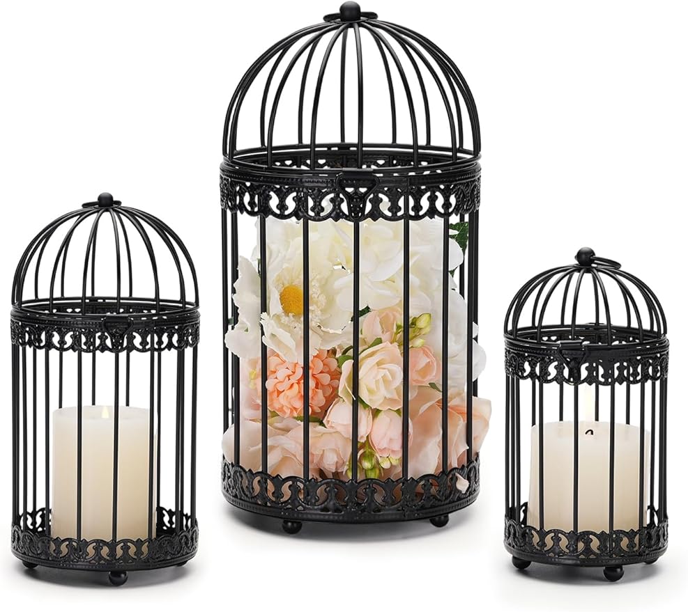 NUPTIO Decorative Bird Cages for Centerpiece: Black Vintage Bird Cage Hanging Lantern Set of 3 - Metal Birdcage Pillar Candle Holders for Halloween Party Table Fireplace Decor