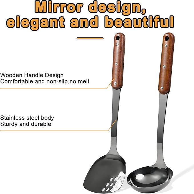 FJNATINH Stainless Steel Wok Spatula and Ladle Tool, Mirror Polished Cooking Utensils Set Metal Wok Accessories with Wooden Handle,Easy to Clean Kitchen Utensils,Black