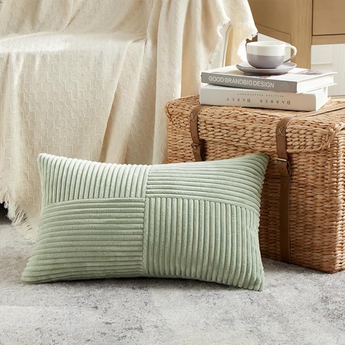 Fancy Homi 2 Packs Sage Green Lumbar Decorative Throw Pillow Covers 14x24 Inch for Couch Bed, Rustic Farmhouse Boho Home Decor, Soft Striped Corduroy Rectangle Accent Cushion Case 35x60 cm