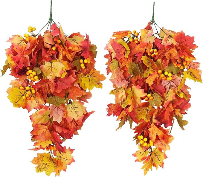 RECUTMS Fall Leaves Hanging Plant Artificial Fall Leaves Garland with Berry Fake Autumn Wall Hanging Leaf Vines for Home Halloween Party Door Frame Fireplace Decoration(Orange with Berry)
