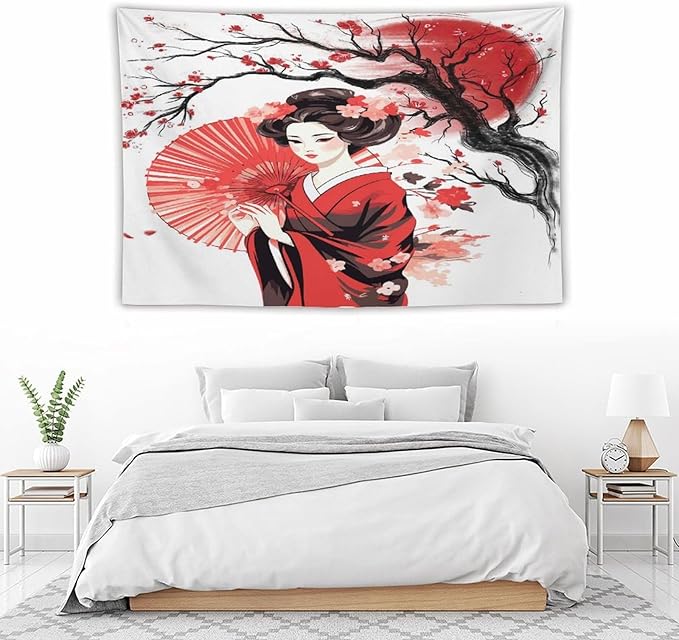 Japanese Red Geisha Tapestry Asian Cherry Blossom Traditional Kimono Folk Tapestries Home Decor for Living Room Bedroom Apartment Farmhouse Dorm 60"x40"