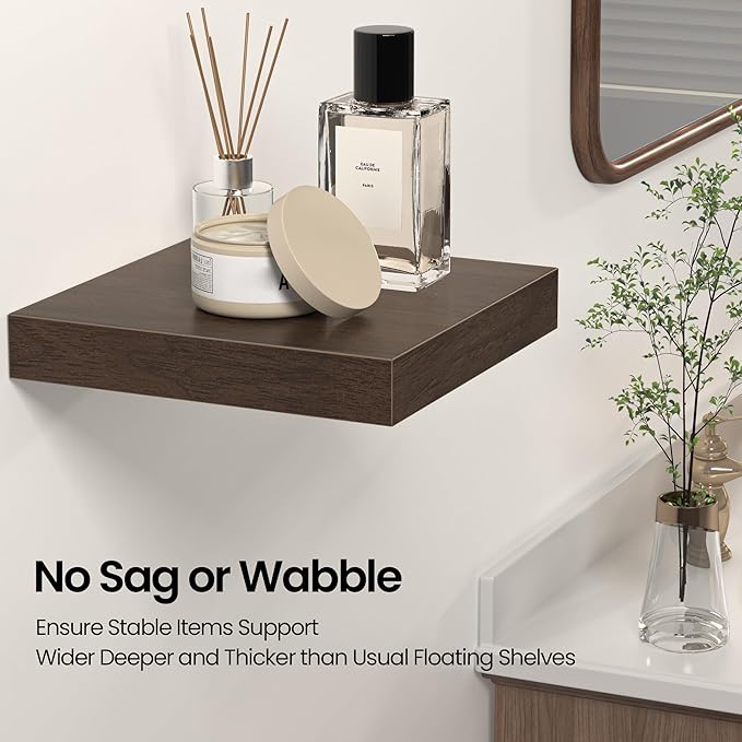 Square Floating Shelves for Wall, 12" W x 12" D x 1.2" H, Small Wooden Wall Mounted Display Shelves with Invisible Brackets for Living Room, Bedroom, Bathroom, Kitchen Decor, Set of 3, Walnut
