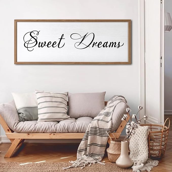 Sweet Dreams Wall Decor Above Bed 40x15 Inch Large Master Bedroom Hanging Wood Rustic Framed Farmhouse Sweet Dreams Sign Guest Room Aesthetic And Minimalist Over Bed Wall Art（Wood White）