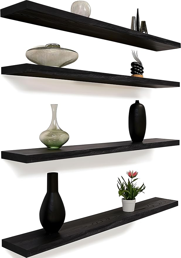 48 Inch Floating Shelves for Wall Rustic Black Wood Wall Shelves for Bedroom Set of 4