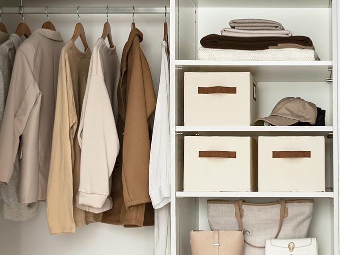StorageWorks Storage Baskets for Shelves, Foldable Fabric Closet Storage Bins with PU Handles, Fabric Storage Bins Clothes Organizer, Ivory White, 3-Pack, Large