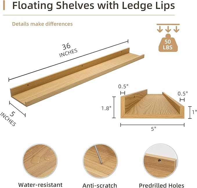 Picture Ledge Shelf, Wood Floating Shelves Set of 2, 36 inch Picture Ledge Shelves, Photo Ledge Nursery Book Shelves Wall Mounted for Living Room Kids' Room Bedroom, Color Oak
