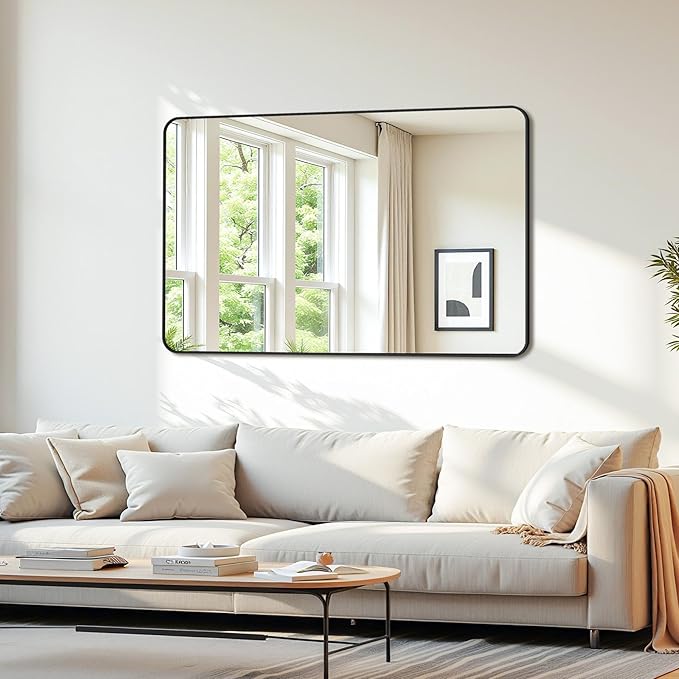 Bathroom Mirror 48" x 30", Large Rectangle Wall Mirror, Black Metal Frame Wall Mounted Mirrors for Bathroom, Vanity, Bedroom, Entryway Decor(Horizontal/Vertical)