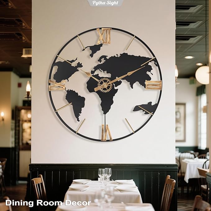 24 Inch Large Wall Clock,Modern Decorative Big World Map with Vintage Gold Roman Numeral Extra Giant Metal Oversized Wall Clocks for Living Room,Office,Kitchen,Dining Room,Bedroom