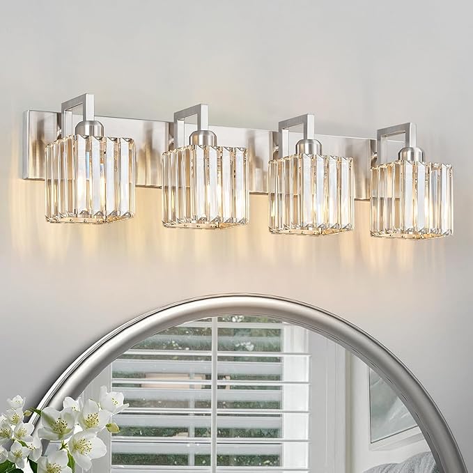 Modern Bathroom Vanity Light 4-Lights Brushed Nickel Vanity Light Crystal Wall Light Bathroom Light Fixtures