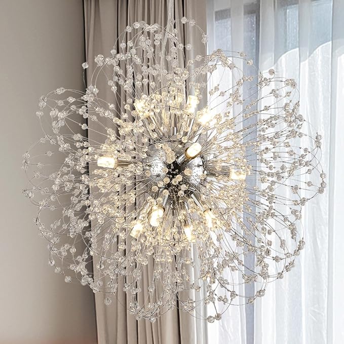 Modern Farmhouse Chandelier, Sputnik Crystal Beaded Pendant Lamp, Round Sunflower Chrome Hanging Light Fixtures for Dining Room Foyer Bedroom Kitchen Island (Chrome 12Lights)